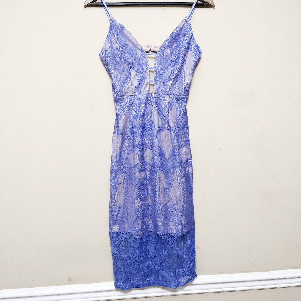 Blue and tan lace bodycon dress